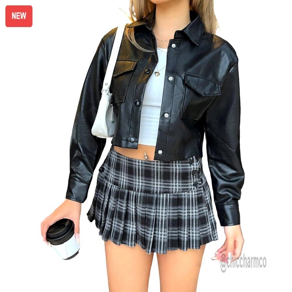 PU Leather Cropped Motorcycle Bomber Jacket Button Down Long Sleeve